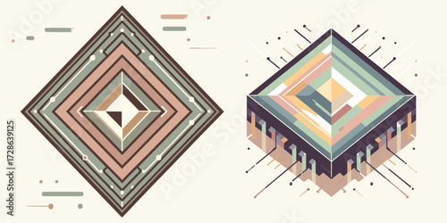 Abstract Geometric Isometric Shapes with Technological Elements and Digital Art Design