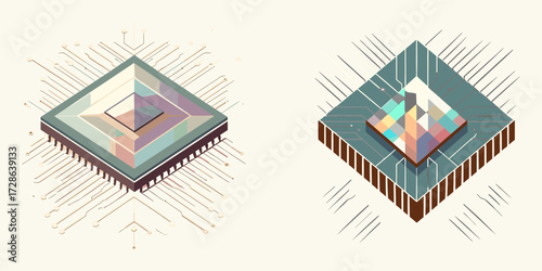 Digital Circuitry and Microchip Concepts Represented by Isometric Graphics