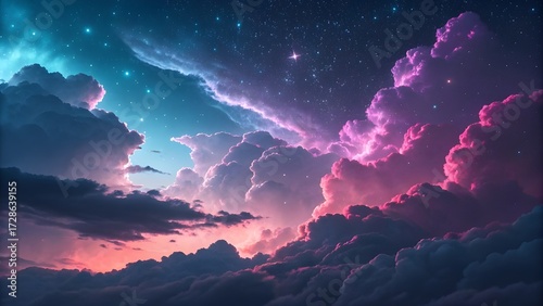 Stunning celestial clouds aglow with vibrant pink and blue hues under a starry night sky, perfect for dreamy backgrounds and creative projects