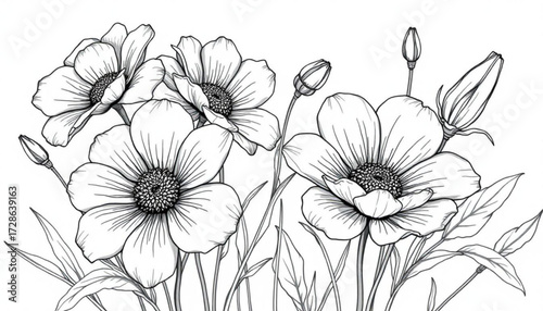 Minimilist detailed line art illustration of several flowers and buds with leaves on a white background design element vector