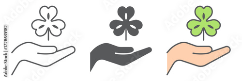 Hand hold lucky clover icon, st patrick s day and holiday, hand holding clover sign, vector graphics, a linear pattern on a white background, editable stroke.