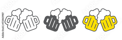 Two glasses of beer icon, st patrick s day and alcohol, toasting beer glasses sign, vector graphics, a linear pattern on a white background, editable stroke.