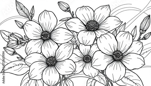 Minimilist detailed line art illustration of a floral arrangement with blooming flowers and buds design element vector
