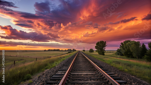 Stunning sunset with vibrant clouds over railway tracks leading to the horizon, evoking journey and adventure under an expansive sky