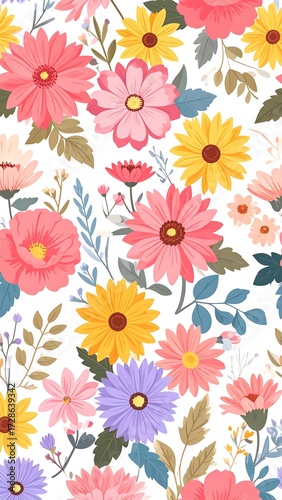 Wallpaper Mural Vibrant floral pattern on white background (1) Torontodigital.ca