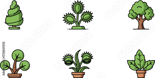 Vector art of collection of six stylized potted plants, including trees and carnivorous plants