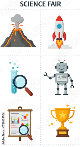 Six square icons related to science fair projects volcano rocket chemistry robot presentation and trophy