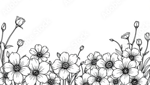 Minimilist floral arrangement with blooming flowers and buds in black and white line art style for decoration element vector