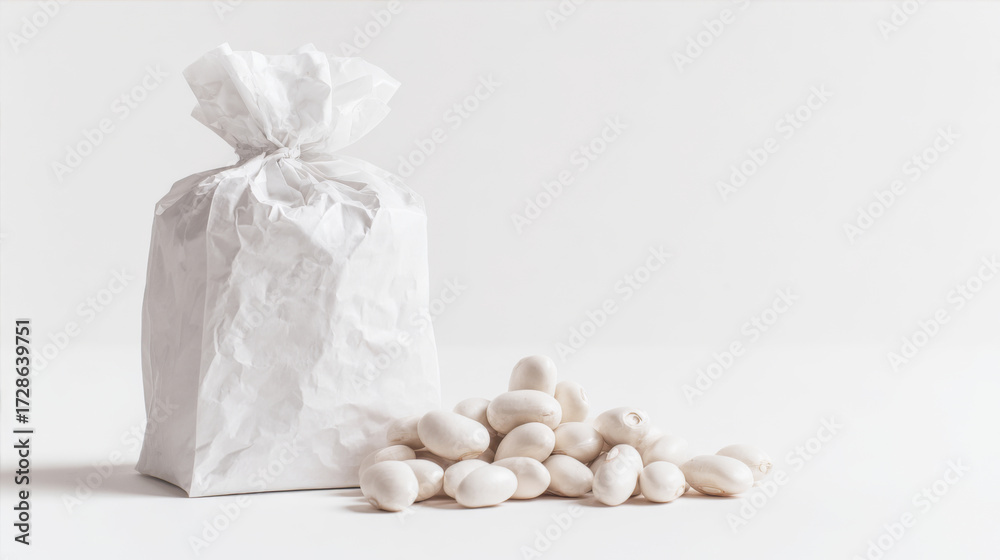 Obraz premium Close-up View of a White Paper Bag Filled with White Kidney Beans on a Pure White Background, Accompanied by Loose White Kidney Beans, Emphasizing the Importance of Nutritious and Healthy Eating