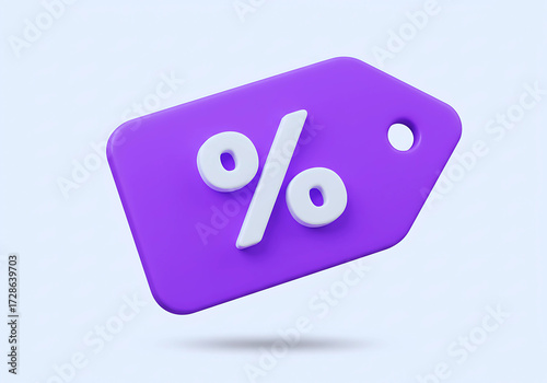 3d purple price tag with percent sign isolated
