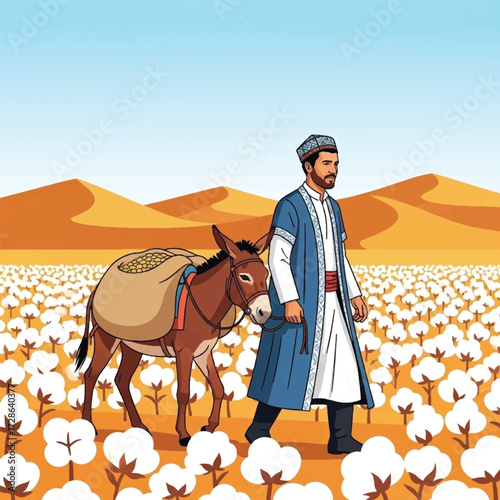 A man in traditional attire leads a donkey carrying a sack through a vast cotton field with desert dunes in the background.