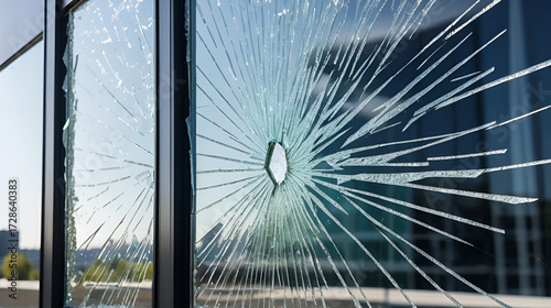 Close up view of vandalized office window with shattered glass   vandalism or accident concept