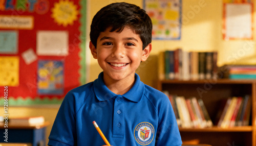 Happy Hispanic boy smiling brightly in blue school uniform holding pencil in classroom with books and colorful bulletin board background, elementary education concept