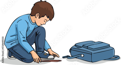 Young boy picking up a pencil near his backpack on the floor, showcasing a moment of focus and responsibility in a simple scene.