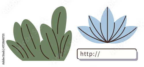 Green leaves, blooming blue flower, and browser search bar highlight themes of nature, growth, online connection, sustainability, eco-business, digital exploration, and harmony offering a simple