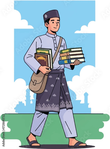 A young Muslim man in traditional attire walks with a stack of books and a satchel, with mosque silhouettes in the background.