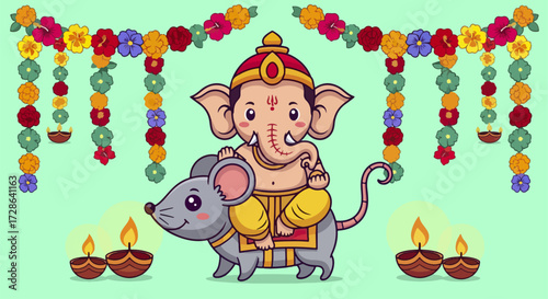 Cartoon ganesha riding a rat floral decoration