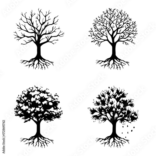 Silhouettes of bare oak trees in a winter forest vector illustration