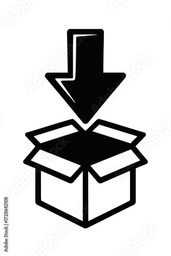 Black and White Download Arrow into Box Vector - Simple UI Icon for Digital Files, Installation, and Transfer