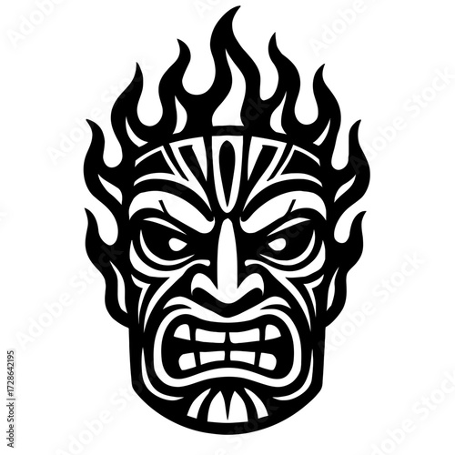 Black and White Flaming Tiki Mask Vector - Fierce Tribal Style Illustration for Fire and Tropical Themes