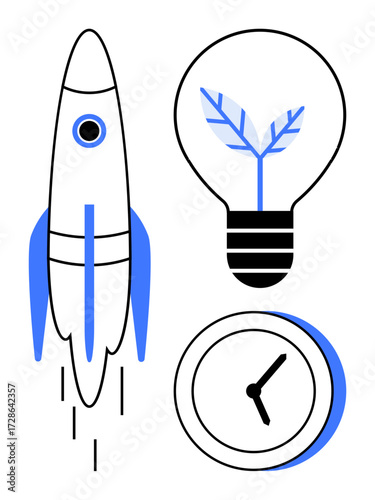 Rocket liftoff, sapling inside a lightbulb symbolizing eco-innovation, analog clock for time focus. Ideal for growth, sustainability, progress, startups, renewable energy, efficiency simple flat