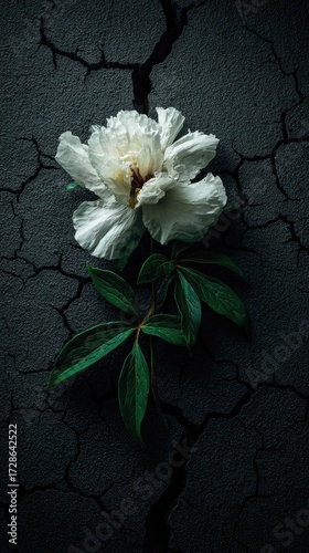 A delicate white peony rests on a cracked dark surface, evoking a sense of fragility and resilience.