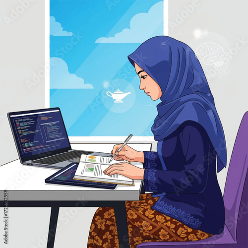 Woman in hijab coding at desk with laptop and notebook.