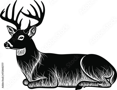 PrintDeer silhouette vector illustration, majestic buck lying down, realistic fur texture, large antlers, wildlife art, nature design, forest animal drawing.