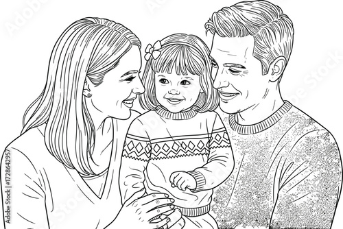 PrintFamily bonding vector illustration, black and white sketch, smiling child with parents, affectionate moment, line art design, emotional connection, love scene.