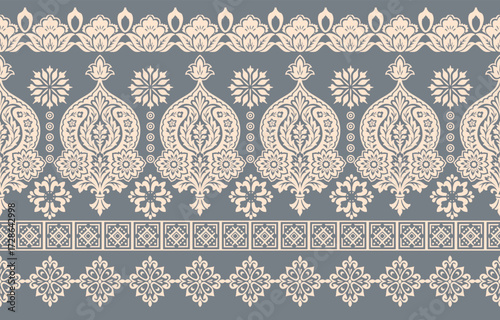 floral pattern vintage ethnic modern embroidery texture boho design vector illustration hand drawn pink flower motif branches leaves wallpaper seamless background border.