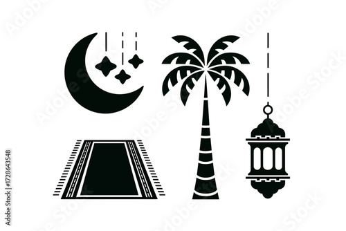 Ramadan Festival Ornaments with Topi, Lanterns, and Quran Elements