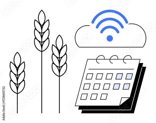 Wheat stalks, a blue wireless-enabled cloud, and a planner calendar emphasize modern farming, smart agriculture, and crop scheduling. Ideal for technology, sustainability, strategy, productivity