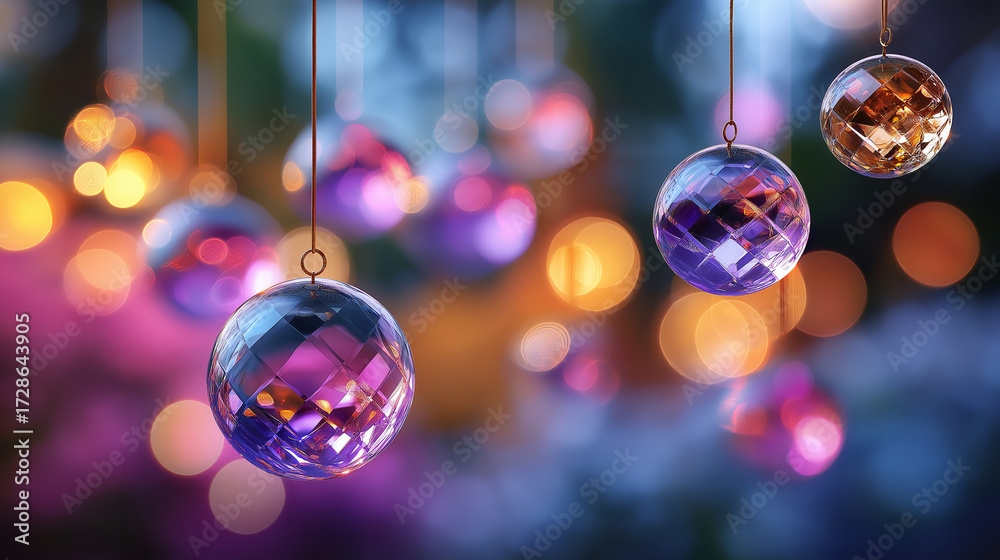 Obraz premium Crystal spheres hanging, reflecting colorful bokeh lights, festive holiday decoration under soft light, showcasing reflective brilliance and festive shimmer, serene holiday scene, 