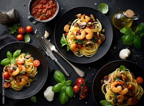 Three gourmet pasta dishes with earthy mushrooms, artfully arranged on elegant plates, perfect for culinary inspiration and sophisticated dining presentations.