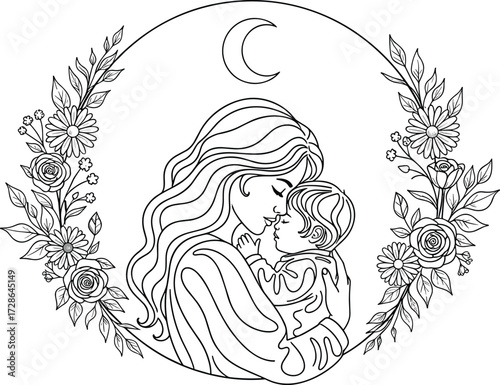PrintMother and child love illustration, black and white emotional vector art, floral circle frame, crescent moon design, maternal bond, family connection