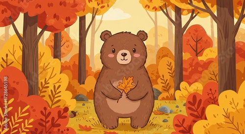 Fototapeta Naklejka Na Ścianę i Meble -  Cute cartoon bear in autumn forest holding leaves illustration