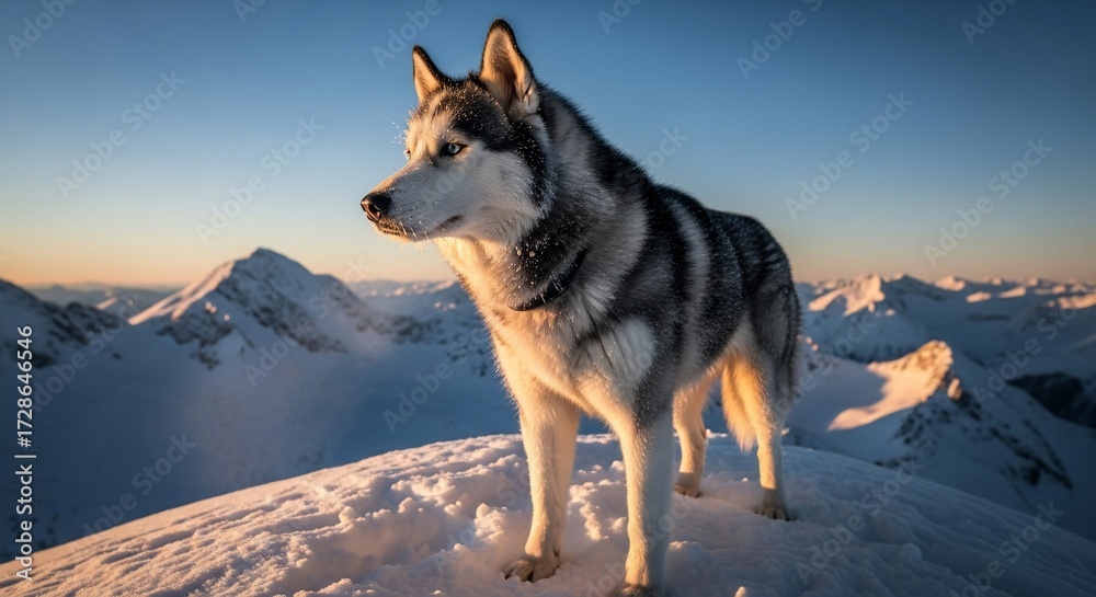 Fototapeta premium Majestic Siberian Husky Standing on a Snowy Mountain Peak at Sunrise.