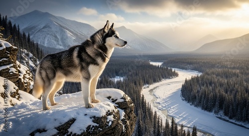 Majestic Siberian Husky Overlooking a Snowy Mountain Valley at Sunrise.