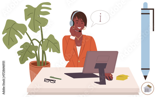 Smiling representative in headset manages inquiries on desktop computer with plant nearby. Ideal for customer support, remote work, communication, professionalism, service industry, technology