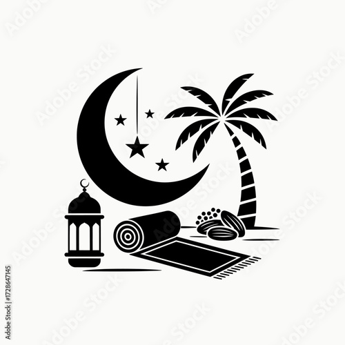 Ramadan Festival Ornaments with Topi, Lanterns, and Quran Elements