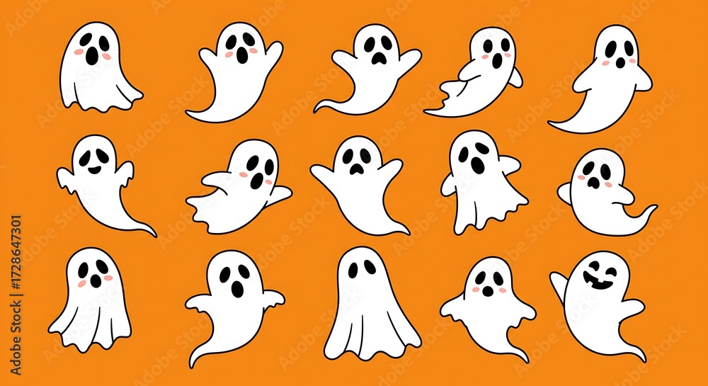 Obraz premium Collection of cartoon ghosts on orange background