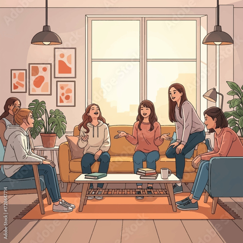Group of young women chatting in a cozy living room setting.