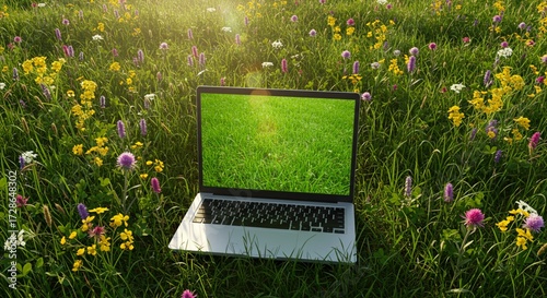 Open Laptop with Green Field Screen Resting on a Lush Wildflower Meadow at Golden Hour