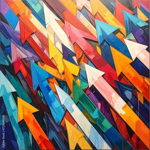 Vibrant, multicolored arrows ascend diagonally across the canvas, creating a dynamic, energetic composition