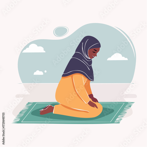 A tranquil Muslim woman in a headscarf kneels reverently on a prayer mat, deeply engaged in spiritual worship and peaceful contemplation, embodying faith and devotion