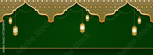 Luxury Islamic background with golden ornament border pattern and green color, ramadan background concept