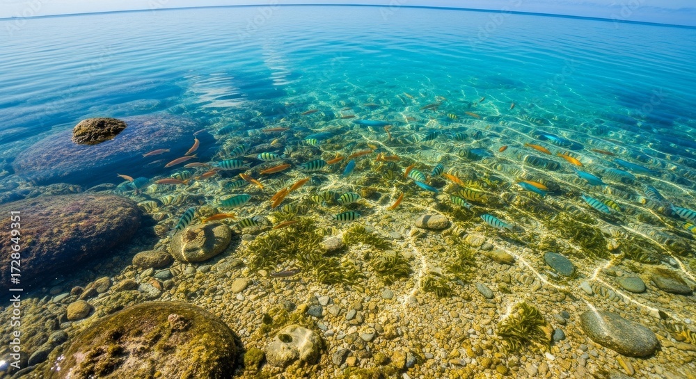 Obraz premium Crystal Clear Turquoise Water Over Rocky Seabed.