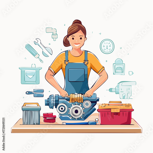 Illustration of a skilled female mechanic in overalls working on an engine, surrounded by tools in a workshop
