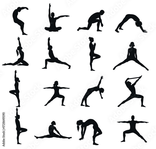 Silhouette illustrations showing various yoga poses, including standing, stretching, and balancing postures.