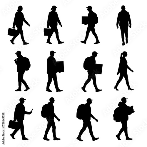 Twelve black silhouette figures of people walking, some carrying bags, boxes, or wearing backpacks.